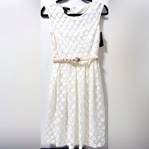 Alfani NWT White Polka Dot Sheer Lined Sleeveless Belted Dress XS